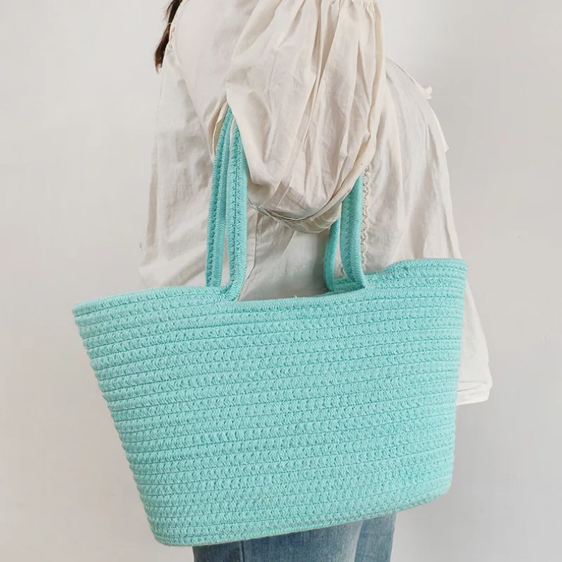 New Summer Fashion One-shoulder Cotton Rope Braided Female Bag Straw Braided Bag Seaside Holiday Beach Handbag Wholesale