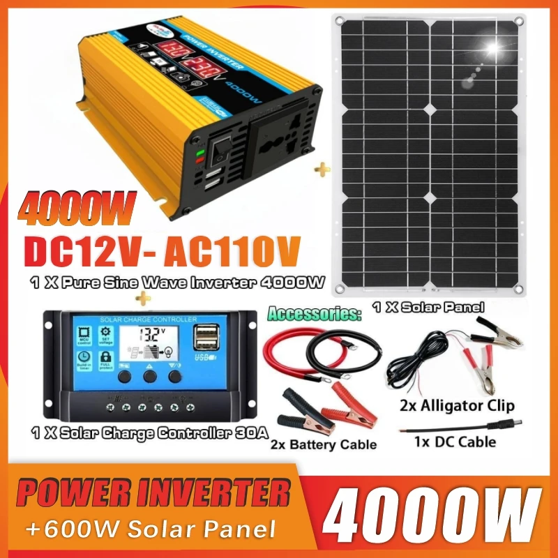 4000W Power Inverter DC12V to AC110V + 600W Solar Panel Kit, Solar Charge Controller with Cables for RV Camping Off Grid Home