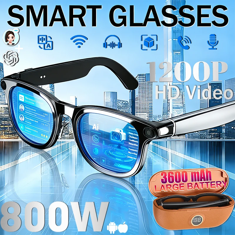 New AI Smart Glasses 8MP Camera Video 1200P Recording 130+Languages Translation Sunglasses BT Call Music Play with Charging Case