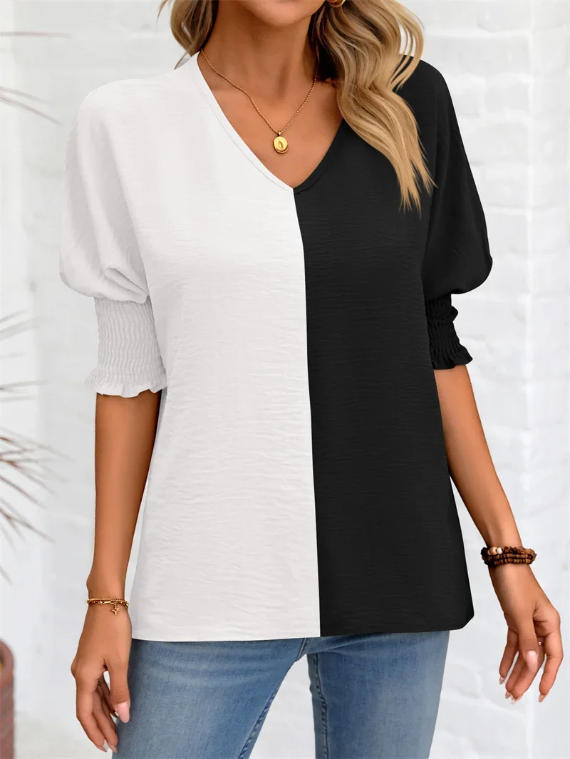 Fashion Colour Blocking Chiffon Shirt Women Stretch Pleated Batwing Sleeve Loose V Neck Blouse Female New Comfortable Casual Top