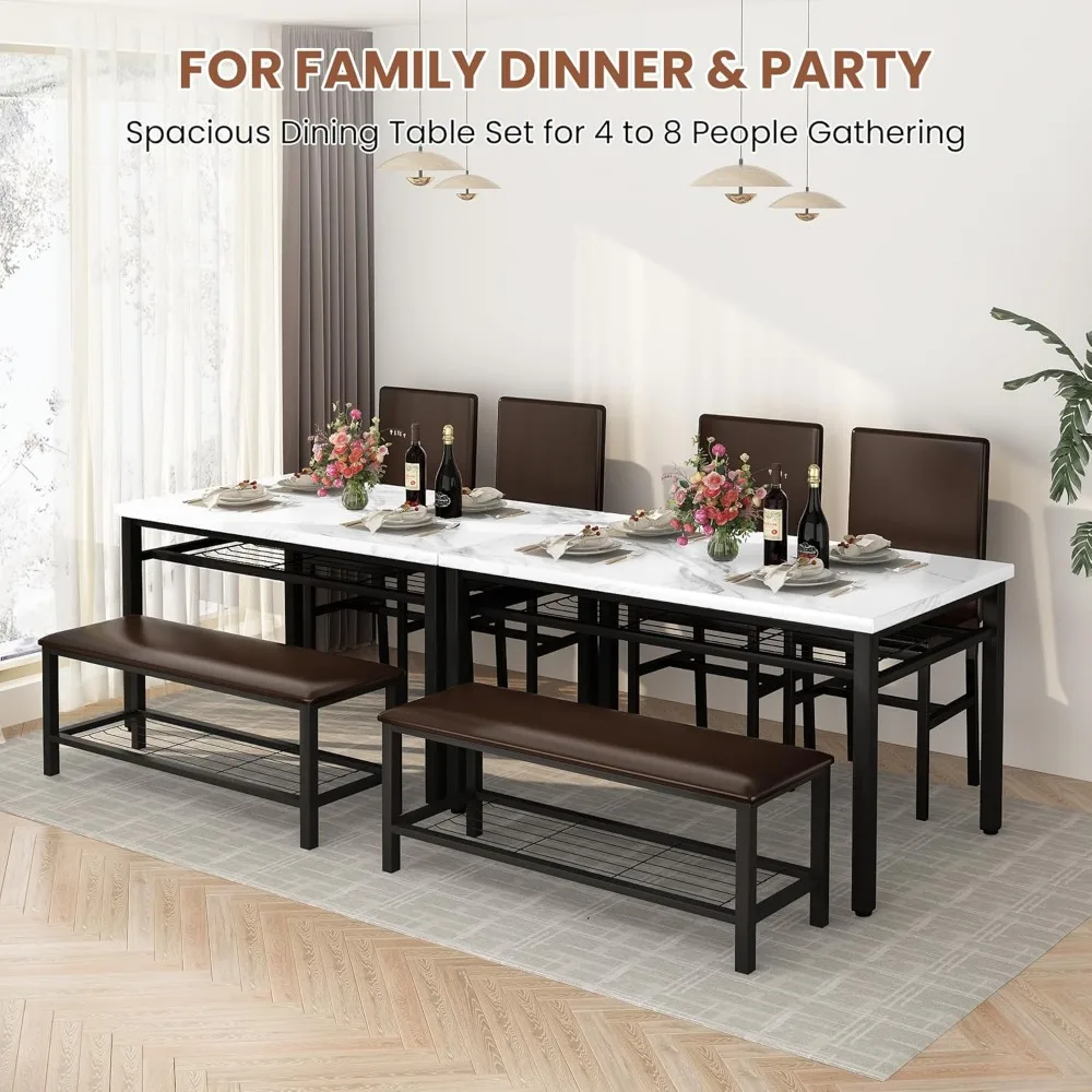 Dining Table Set for 4 with Bench and Chairs,Faux Mable Small Kitchen Table and Chairs for 4 w/Storage Rack, Dining Room Table