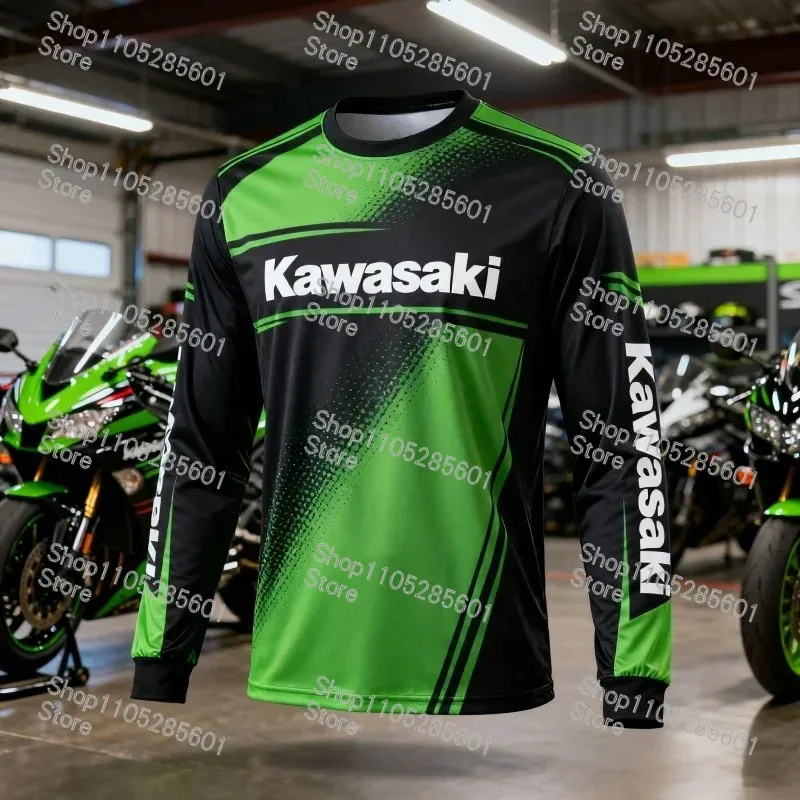 Kawasaki Motorcycle Theme Long-Sleeve T-Shirt Racing Style Print Breathable Casual Top for Riders - view 2