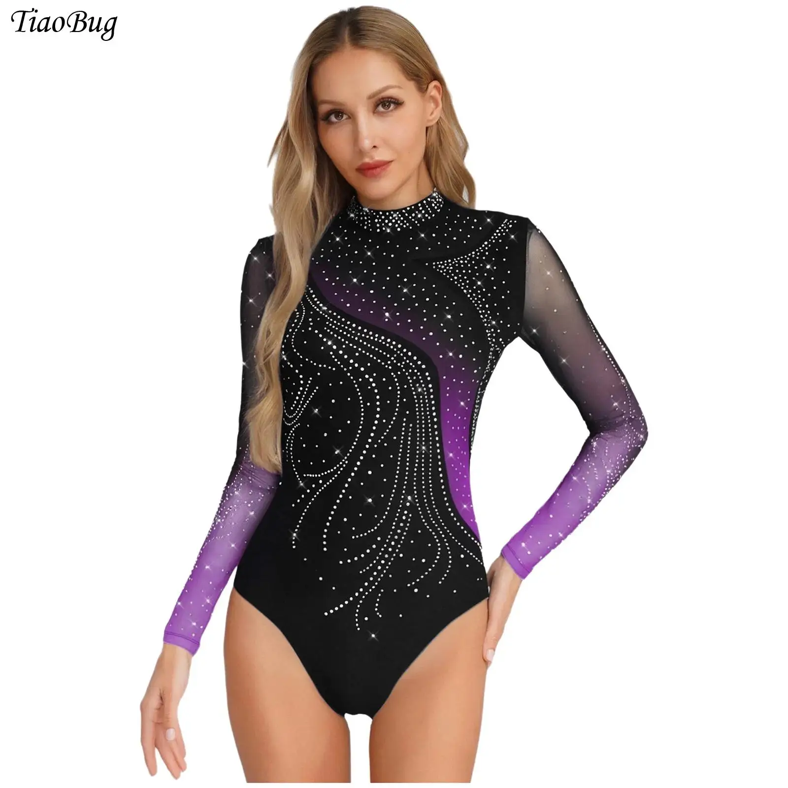 

Womens Ballet Gymnastic Leotard Rhinestone Long Sleeve Streamlined Splice Hollow Out Bodysuit for Figure Skating Dance Training