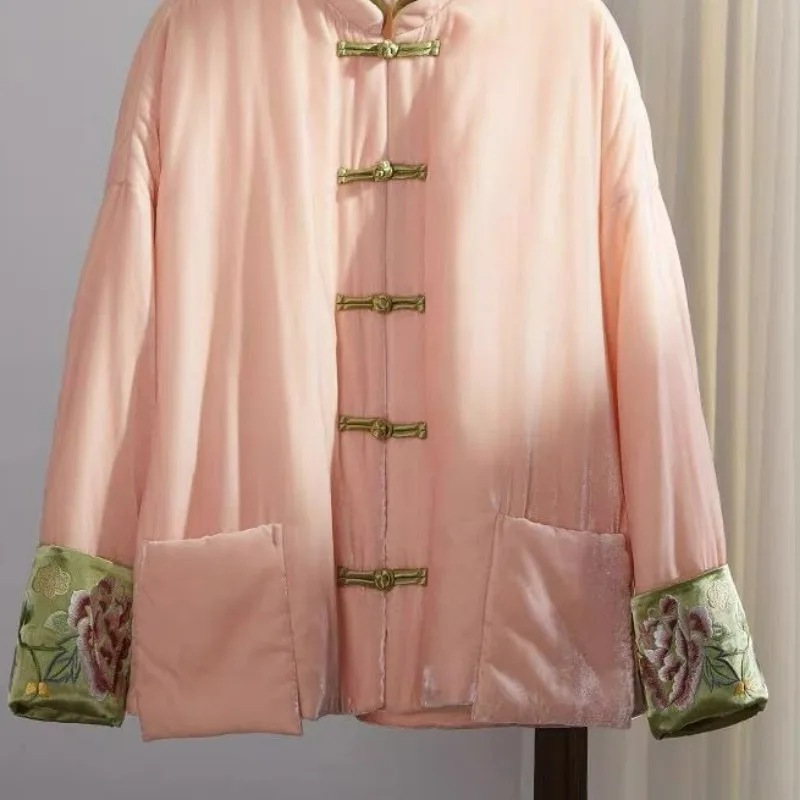 New Chinese-style Cotton-added Velvet Cotton-padded Jacket for Winter 2025 New Cuffs Color Embroidery Loose and Thin Tang Suit