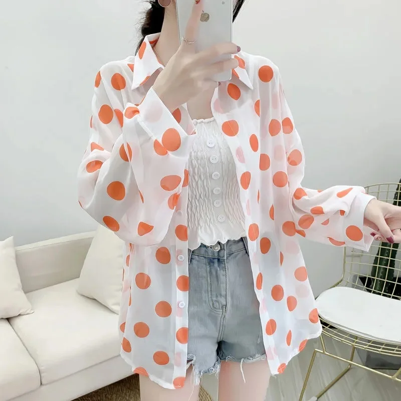 Korean Female Summer New Loose Fitting Polka Dot Chiffon Sunscreen Clothes Top Coat Women Thin Cardigan Chiffon Sunscreen Jacket