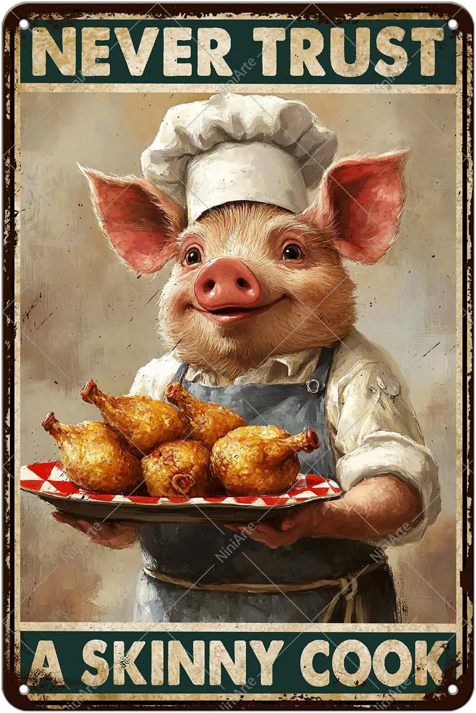 Funny Pig Vintage Metal Tin Sign Never Trust A Skinny Cook Wall Decor Rustic Kitchen Home Restaurant  --Tin Sign