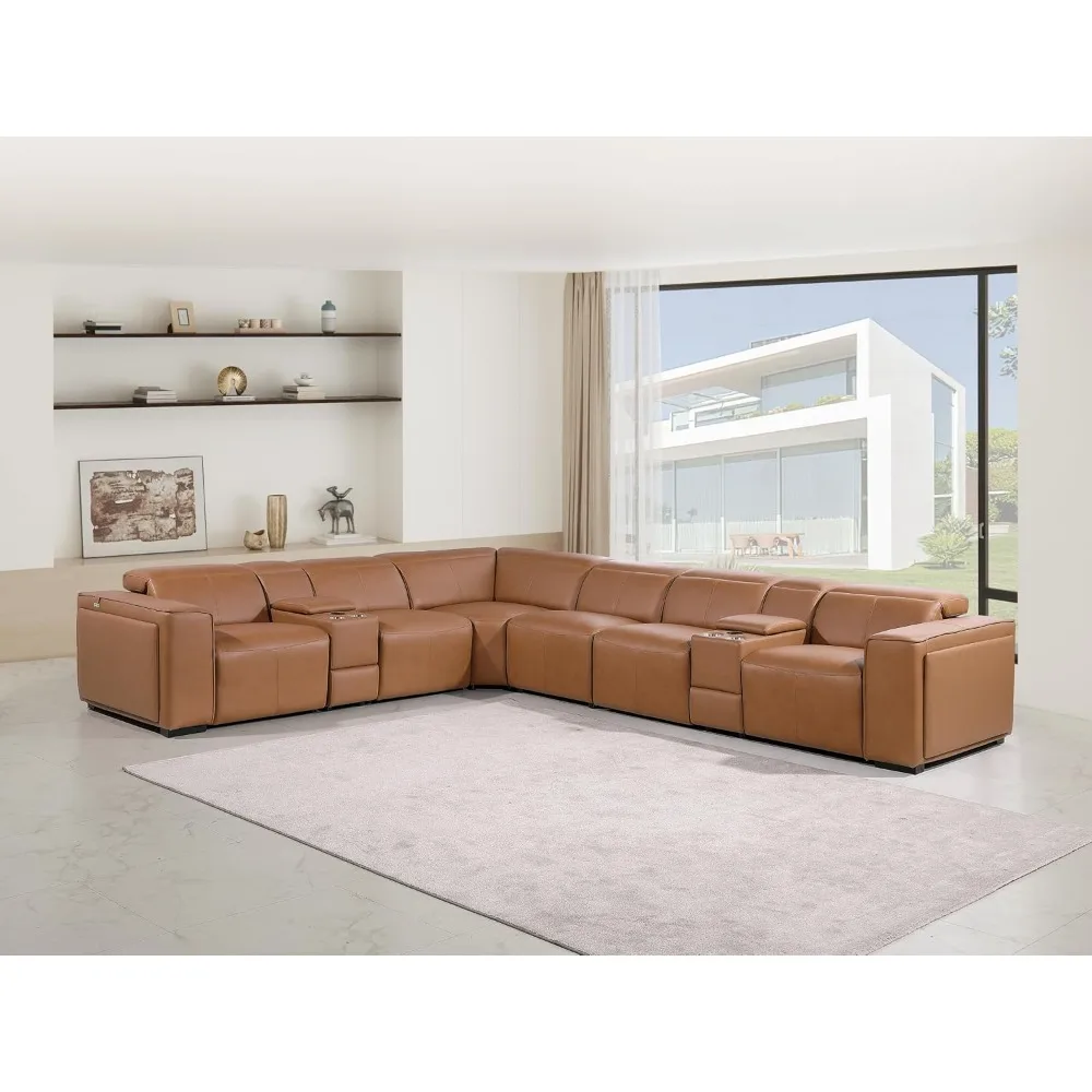 Ernesto 8 Piece L Shaped Power Reclining Sectional Sofa Top Grain Italian Leather Cognac