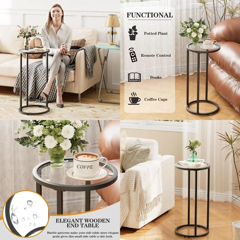 

Стеклянный C-образный приставной столик, металлический столик для закусок, комплект из 2 черных подставок для телевизора для зоны у дивана