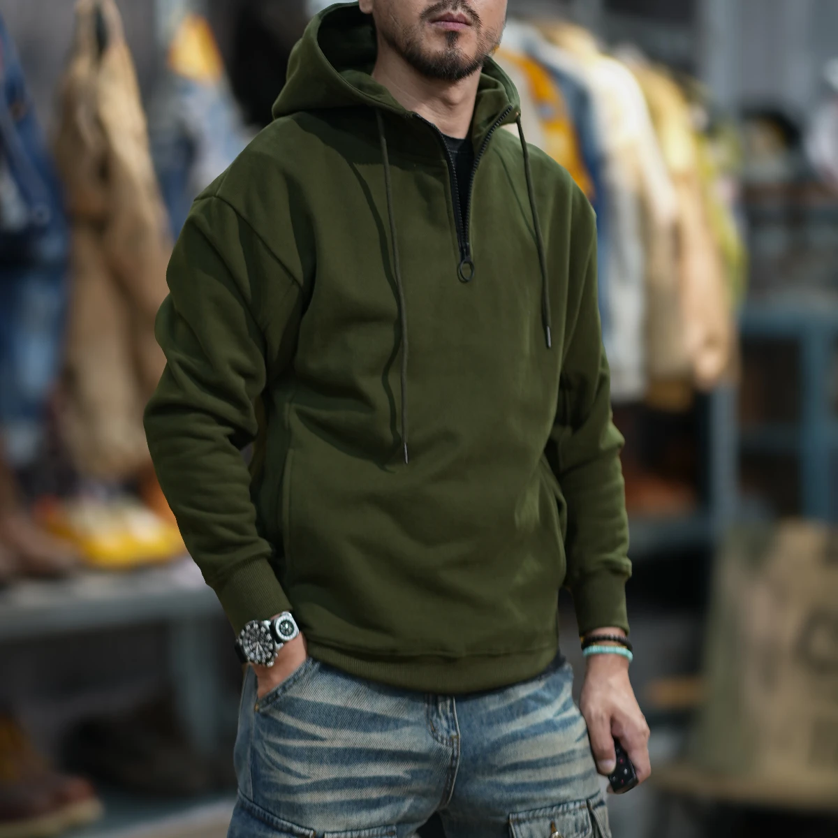 Vintage tough guy style heavy hoodie men hoodie zipper plus velvet thick loose men's autumn and winter jumper