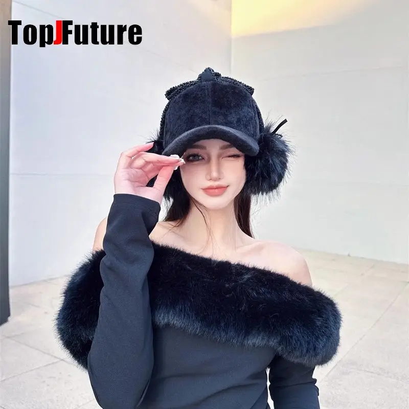

Subculture Y2k Girls Velvet Baseball Cap Women's Crystal Bow Warm Ear Protection Hat Gothic Lolita Winter Warmer Beanie Hat