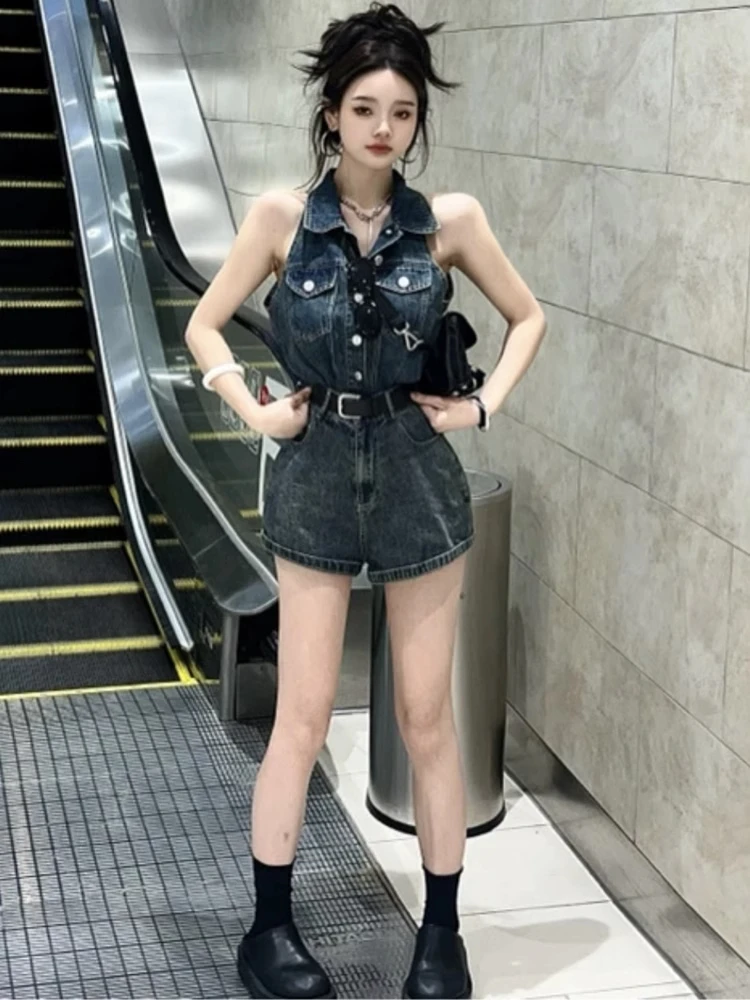 

Korean style retro fashion denim jumpsuit women's summer sleeveless design sense high waist slimming jumpsuit shorts