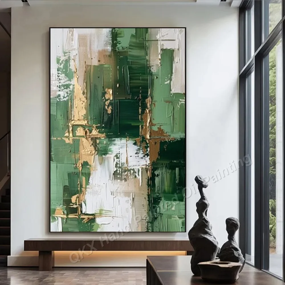 100% Hand-Painted Oil Painting on Canvas Wall Art Decor for Living Room, Modern Emerald Green Textured Abstract Wall Art