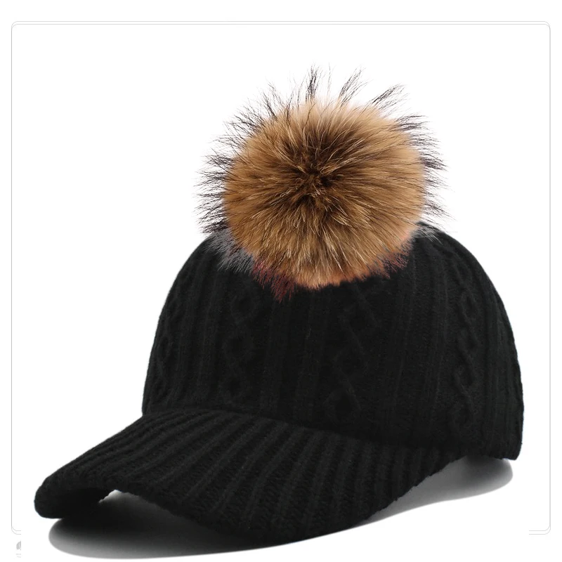 Knit Baseball Cap With Real Fur Pom Winter Baseball Cap Fur Pom Hat Adjustable Cap Sun Hat Bonnets For Women