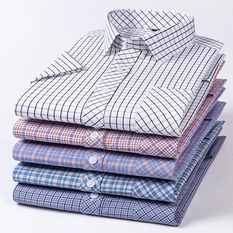 2025 Summer 100% Cotton Short Sleeve Plaid Checkered Shirts Men Casual Pocket Leisure Blouses Plus Size Mens Designer Clothes
