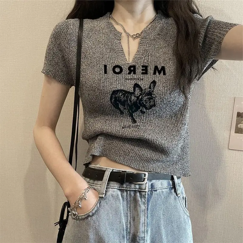 

Tops T-shirt Women's Summer Plus Size Knit V-neck Short Sleeve Thin Fitted Cropped Printed Comfortable Casual Versatile Elegant