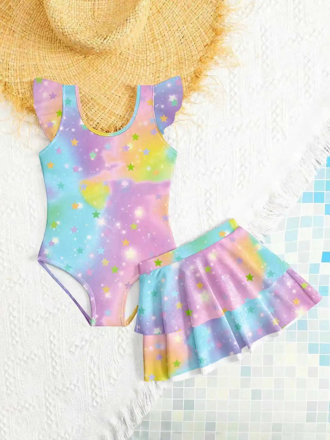 Kids Girls 2 Piece Rainbow Star Print One Piece Swimsuit with Skirt Cover Up Summer Beach Swimwear