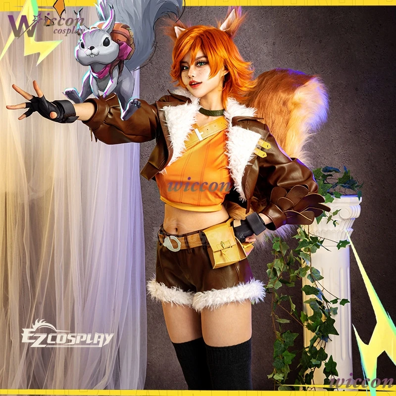 Disfraz de cosplay de Doreen Green de MV Rivals Squirrel Girl, conjunto de peluca con orejas y cola de piel sintética, traje de juego para mujer para Halloween y carnaval