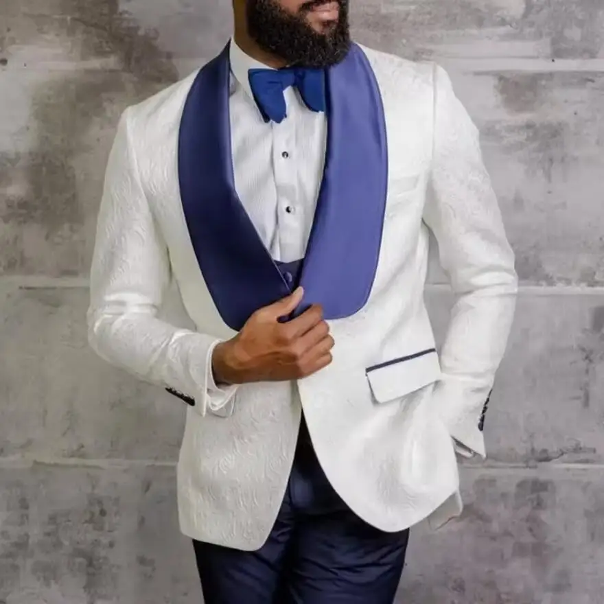 

Slim Fit Белый жаккардовый мужской костюм на свадьбу 2025 Синий смокинг для жениха с шалью и лацканами Комплект из 3 предметов Блейзер Брюки Жилет Формальный мужской костюм