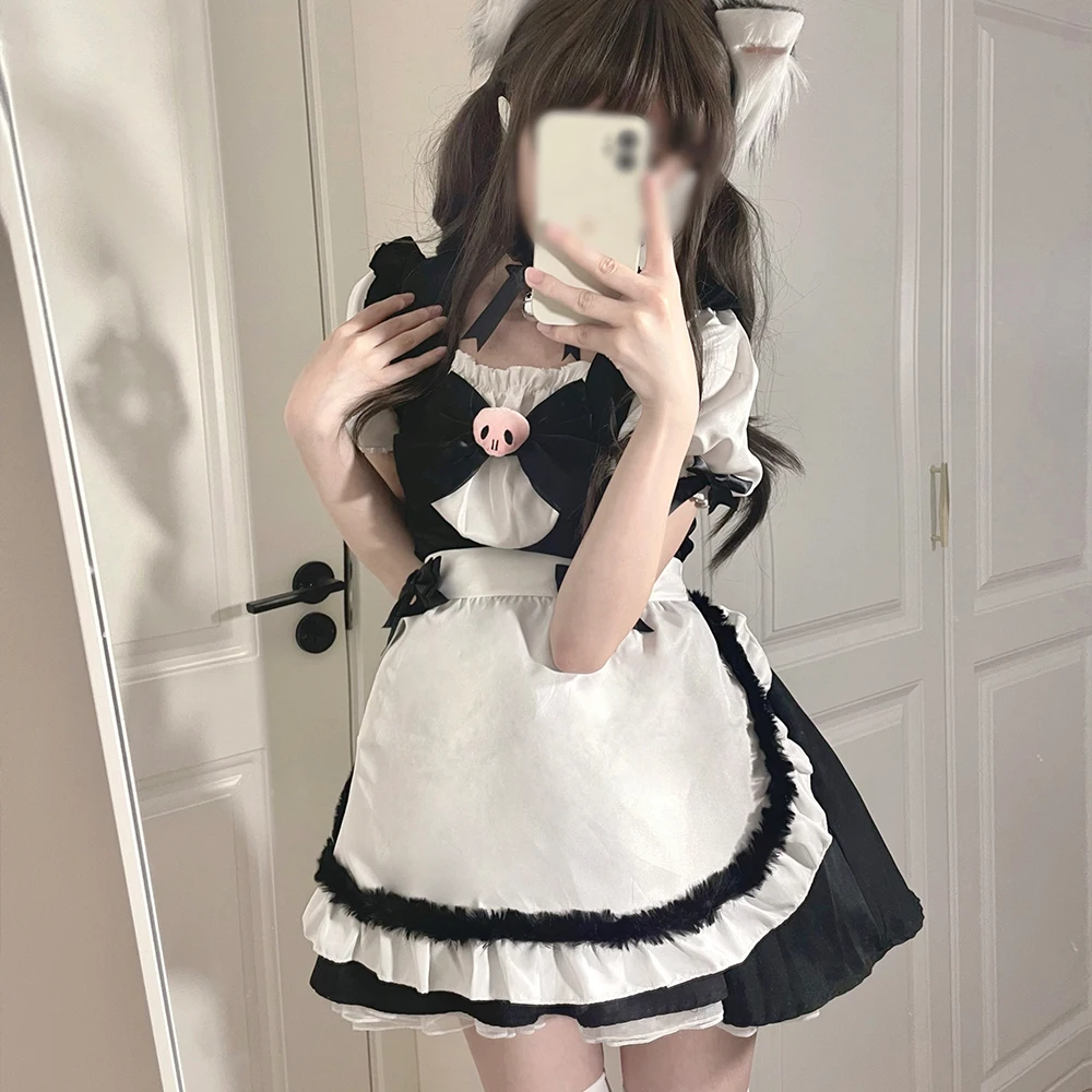 Cartoon Sanrioed Cosplay Kuromi Maid Outfit Dress Kawaii Anime Puff Sleeves Japanese Hot Girl Cute Pure Lolita Sexy Personality