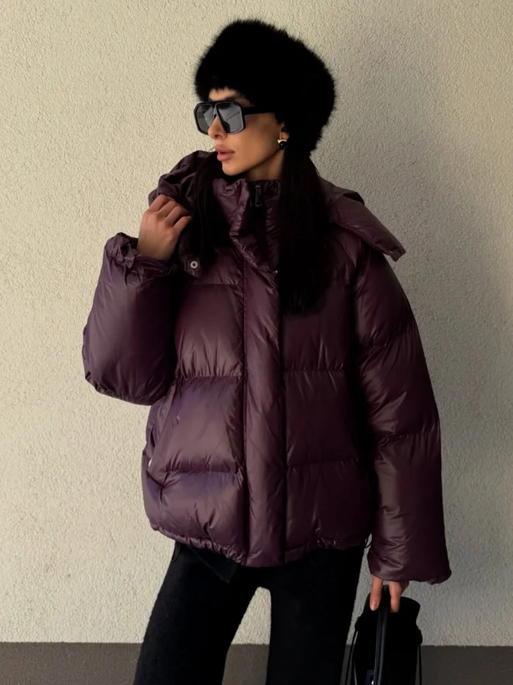 

Purple Hooded Short Cotton Coat Women Casual Stand Collar Long Sleeve Zipper Single Breasted Loose Coats Lady Winter Street Wear