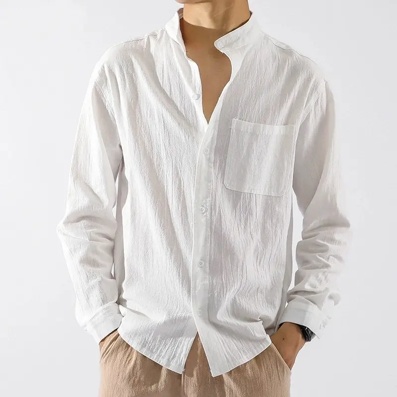 

Summer Slim Fit Linen Cotton irt Men's Long Sve Casual Thin Pure Color Japanese Sle Retro Workwear Spring Autumn Cotto...