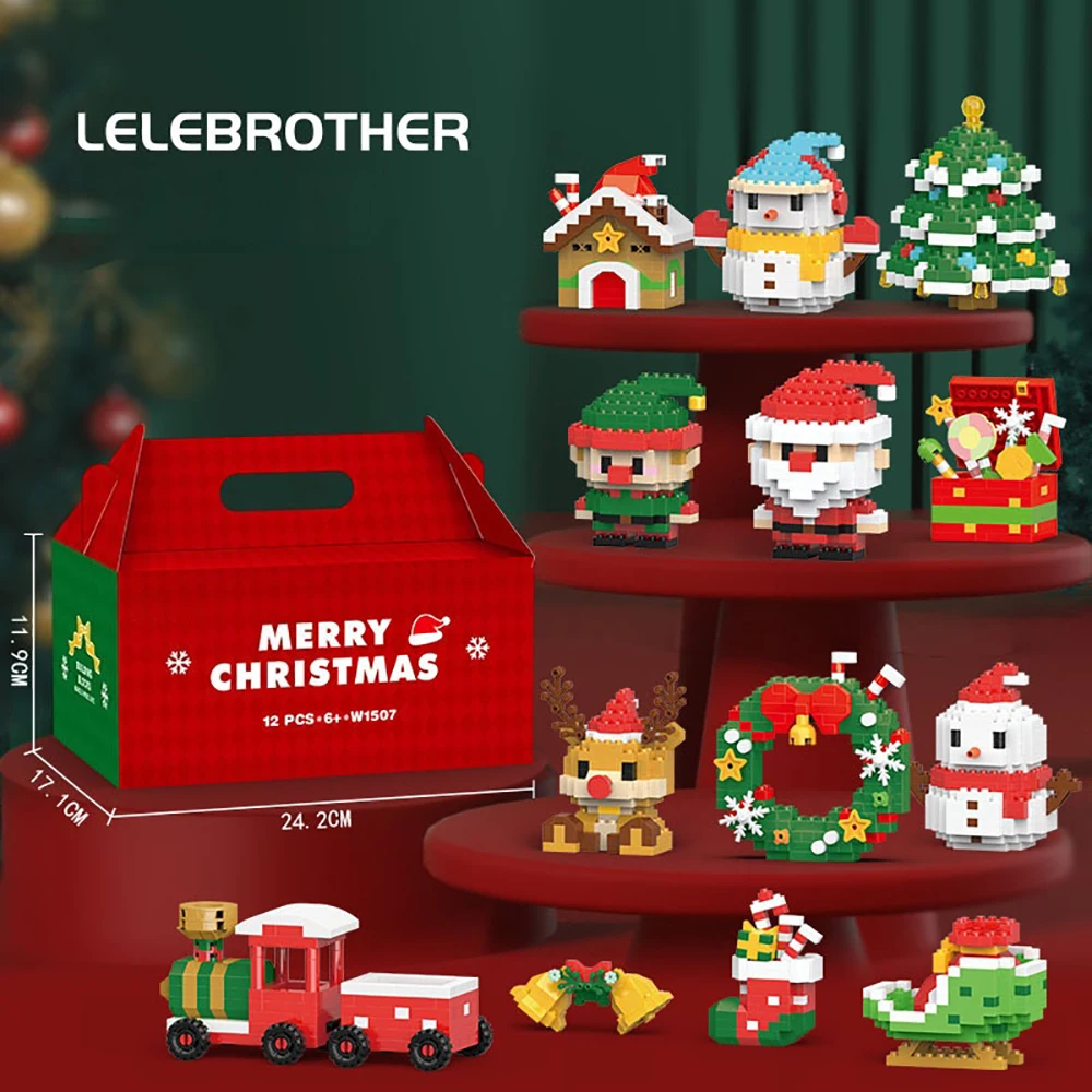1627PCS Micro Mini Christmas Building Blocks Gift Box with LED Light Santa Reindeer Snowman Train Xmas Holiday Present