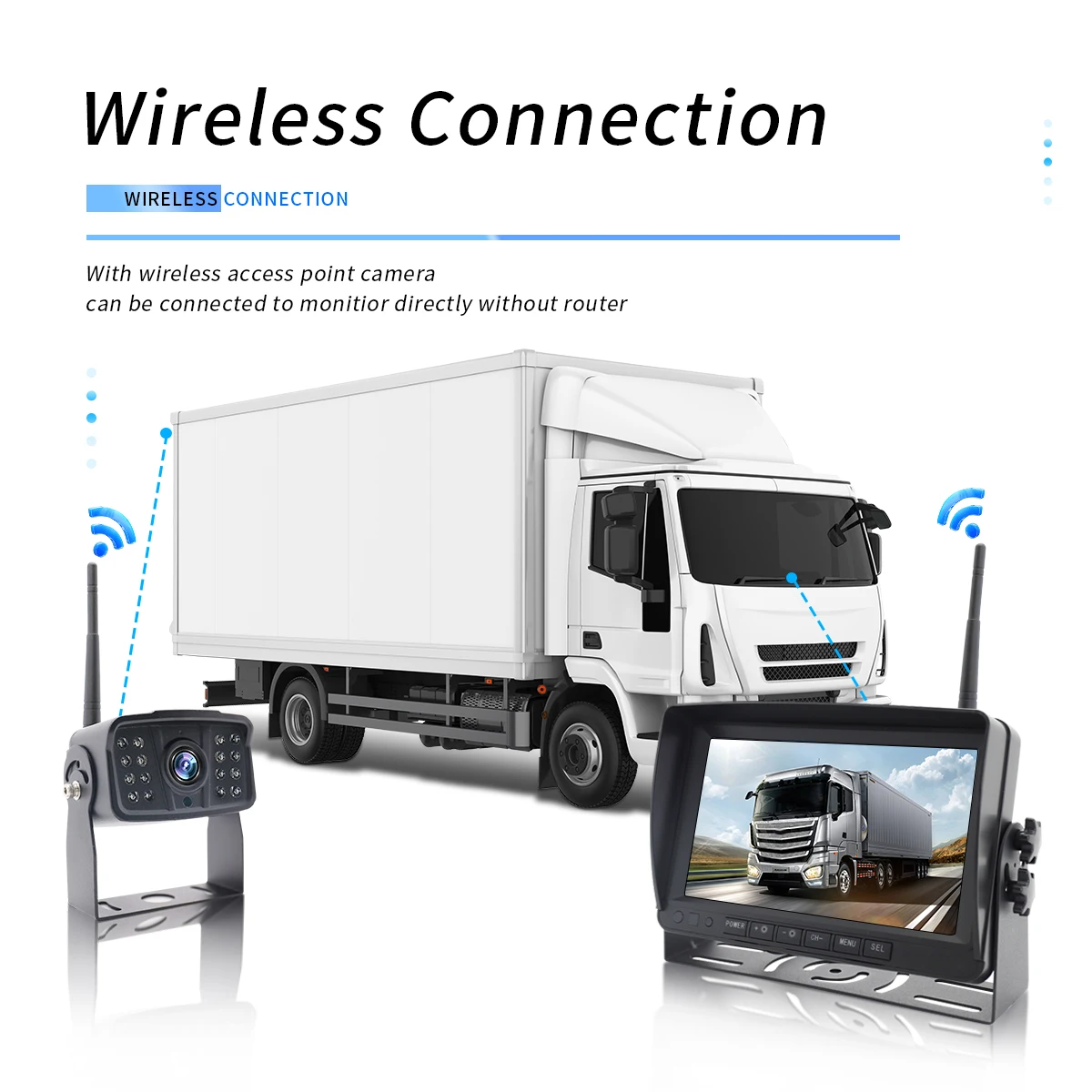 1080P HD 9 Inch 4-way Input Wireless Monitor Car Reverse Rear View Backup Camera Monitor System for Bus Truck Reversing Aid