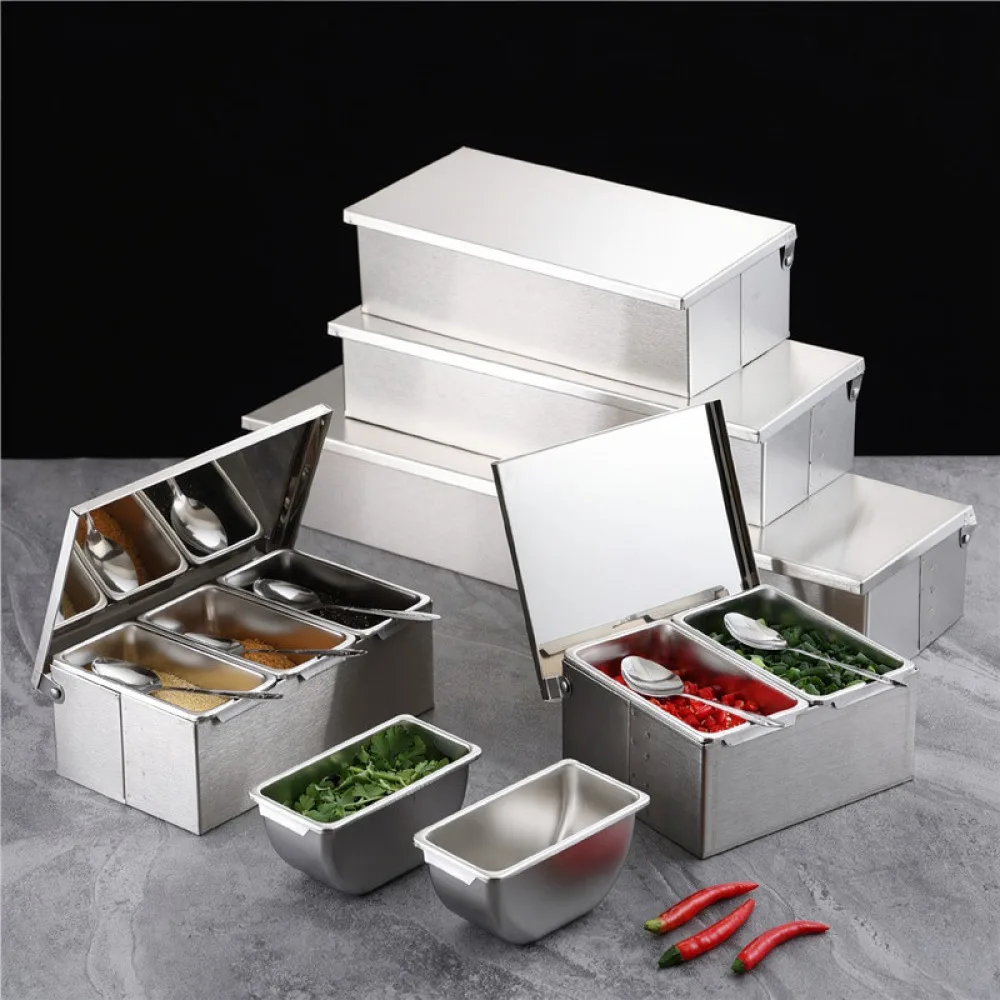 Stainless Steel Seasoning Box Kitchen Organizer Container Flip Lid Spice Storage Jar For Commercial Restaurant Food Prep