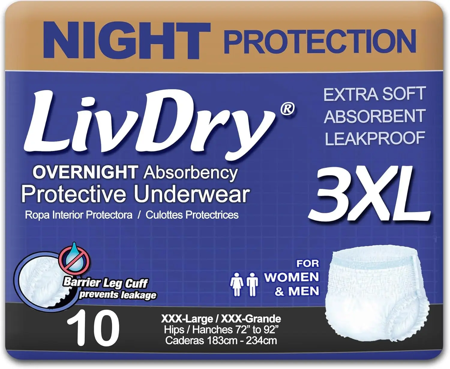 

Overnight Adult Diapers 3XL, 72-92" Waist, Disposable Pull-Ons, 10 Count