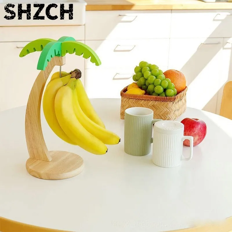 Wooden Banana Rack Hanging Kitchen Rack Simulated Leaf Decorative Fruit Vertical Storage Rack With Hook Kitchen Decoration ZG721