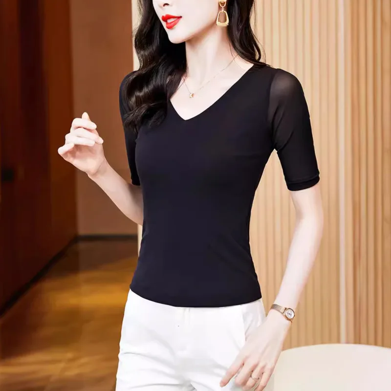 #7191 Black Short T Shirt Women V-neck Sexy Skinny Short Sleeve T Shirt Slim Backless Split Joint Tee Shirt Femme Thin Summer