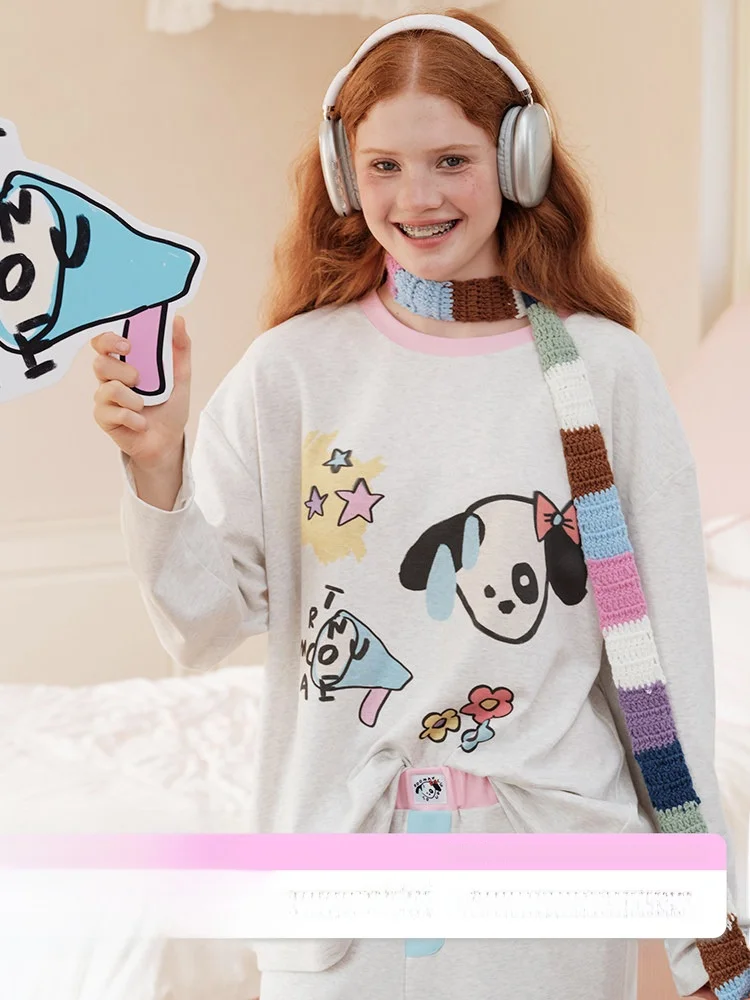 RooMance Original Pure Cotton Knitted Sweatshirt Nightgown Women's Wearable Home Clothes Long Sleeve round Neck Print Home Co...