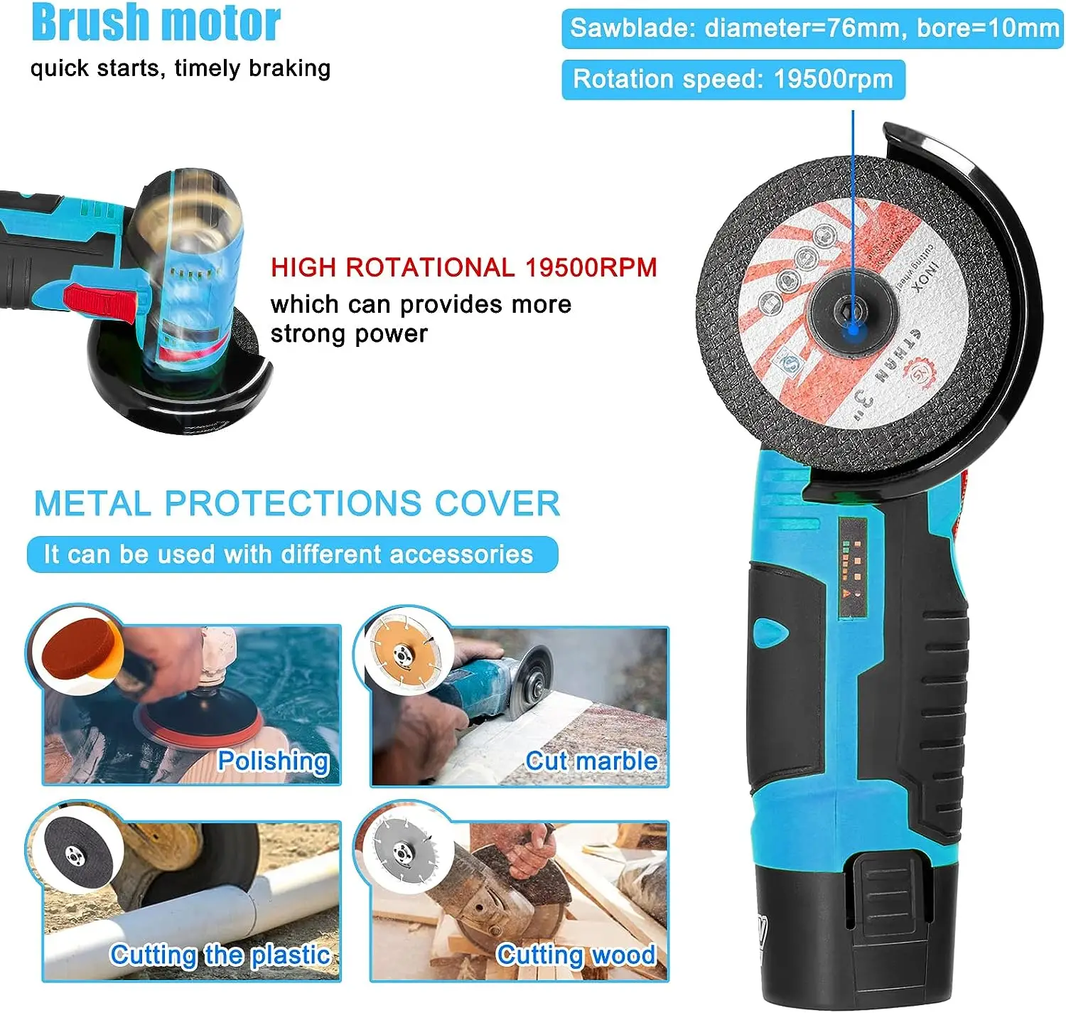 12V Brushless Angle Grinder Machine Electric Angle Grinder Cordless Battery Operated Grinder 19500Rpm Polishing Machine