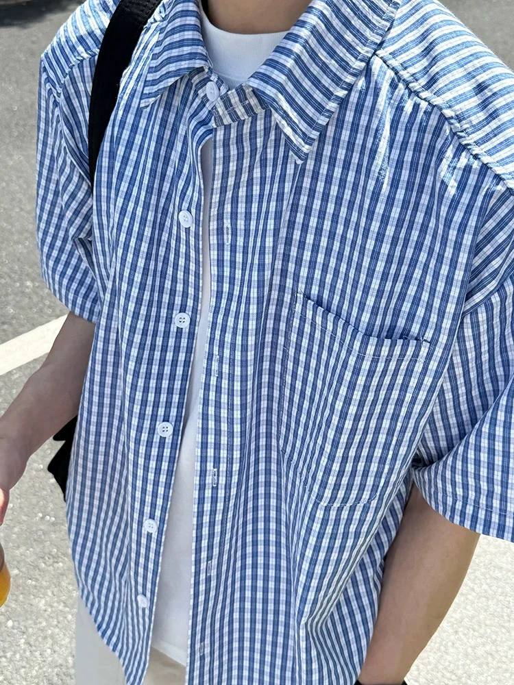 

American Style Blue Plaid Short Sleeve Casual Shirt for Men Summer New Loose Fit Versatile Shirt Jacket Boys Summer Wear