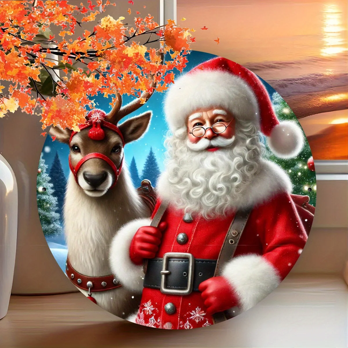7.8x7.8inch (20x20cm) 2D Flat Printed Metal Signage, Santa and Reindeer Theme Decoration Perfect for Christmas Decorations, Cave