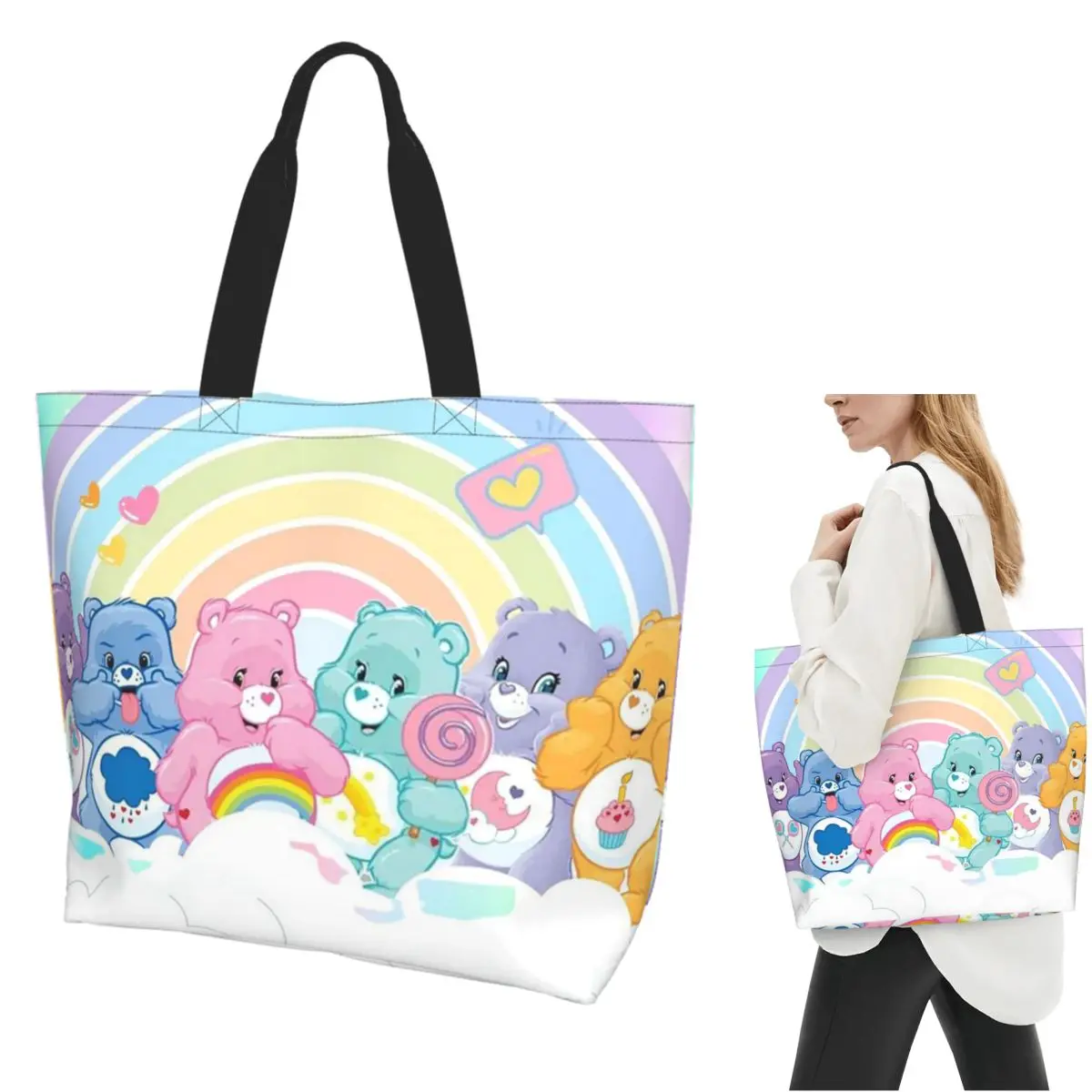 

Care Bears Радужные медведи Группа линии с героями мультфильмов Сумка для покупок Холщовые сумки на плечо Сумка для покупок Бакалея для женщин