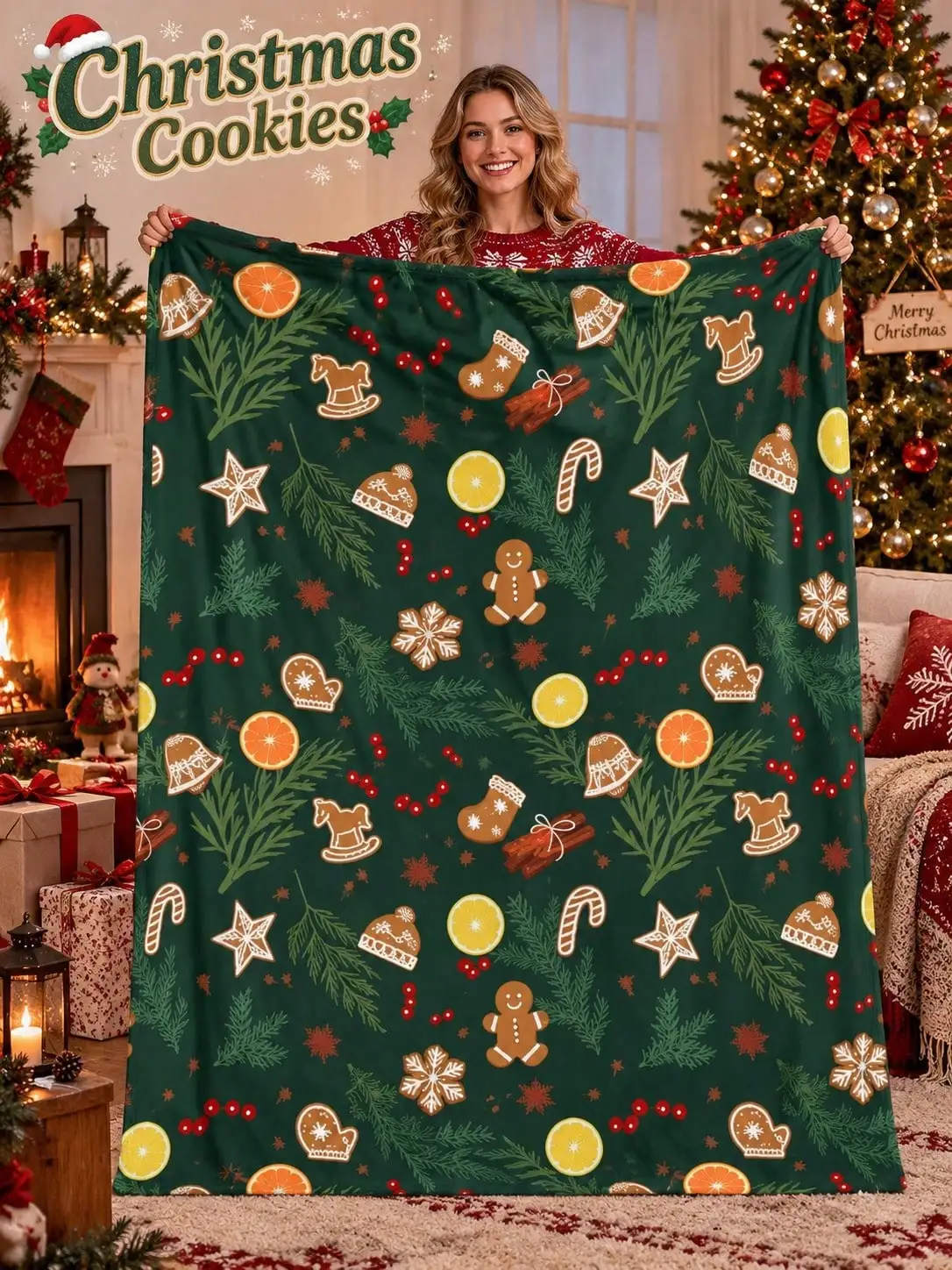 Christmas Flannel Blankets & Throws Gingerbread Citrus Slice Candy Cane Pine Branch Holly Berry Rocking Horse Mitten Star Design Sofa Bed Travel Home Decor Living Room Bedroom Guestroom Gift for Family Friends Coworkers Couples Parents Grandparents