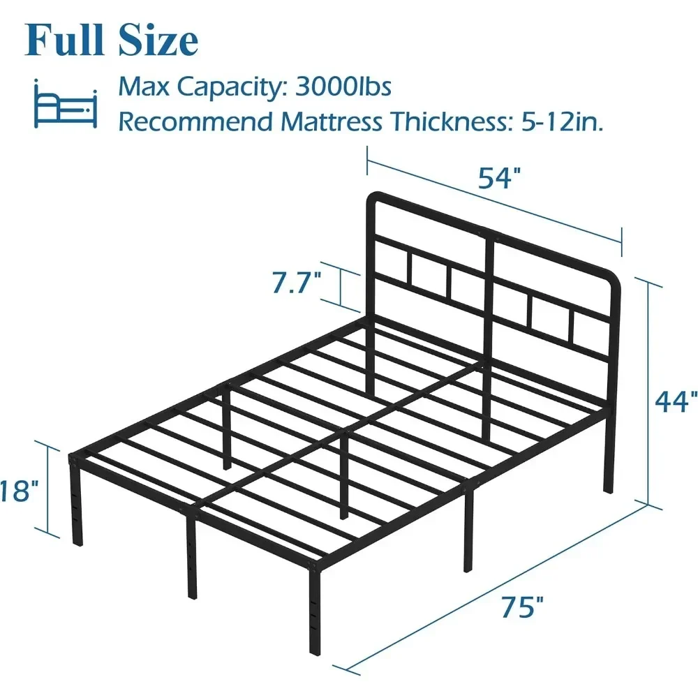 Cadre de lit avec tête de lit, lattes en acier, cadre de lit à plateforme Queen en métal robuste, aucun ressort requis
