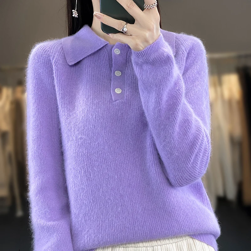 

2024 Autumn/Winter New 100% Mink Fleece Polo Collar Women's Fashion Solid Color Loose Pullover Knitted Warm Long sleeved Top