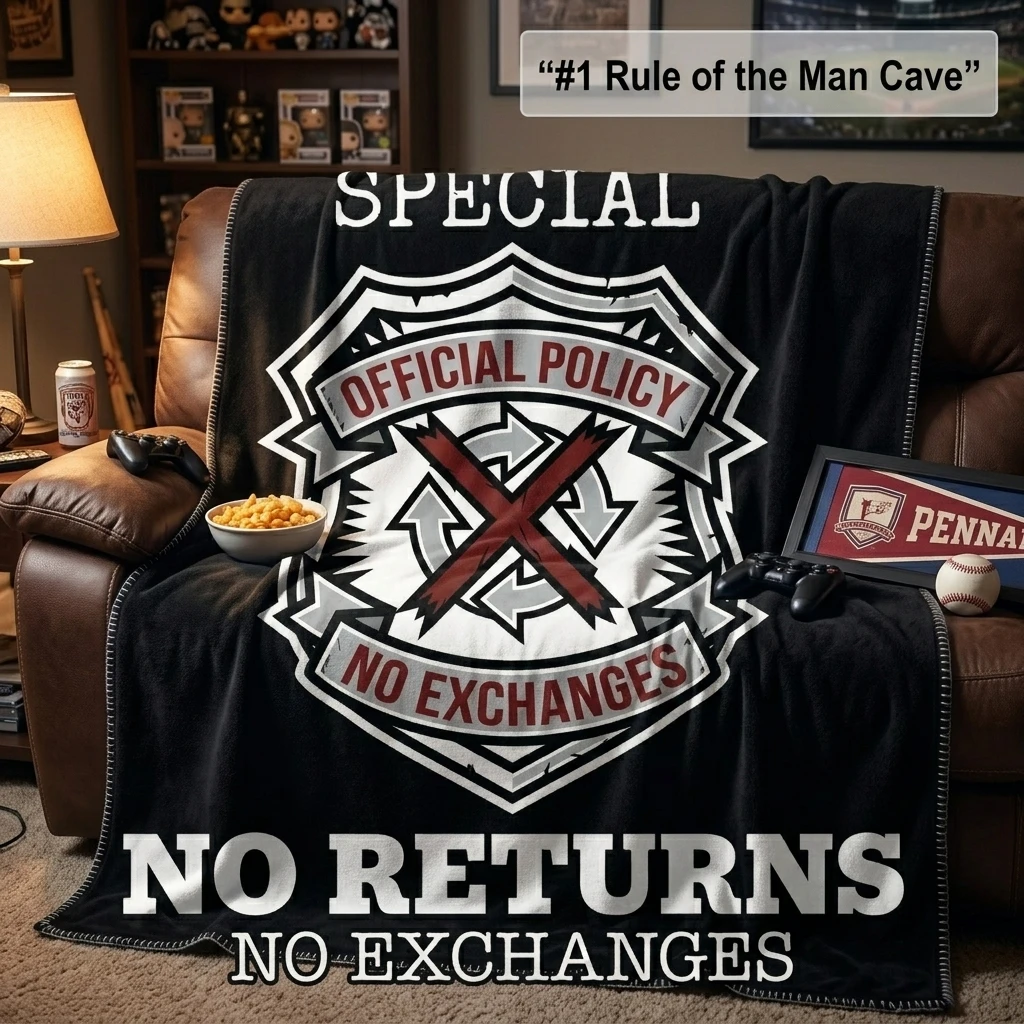 Father's Day Special No Returns Flannel Throw Blanket, Funny Dad Official Policy Badge Graphic Soft Cozy Home Decor Gift Blanket