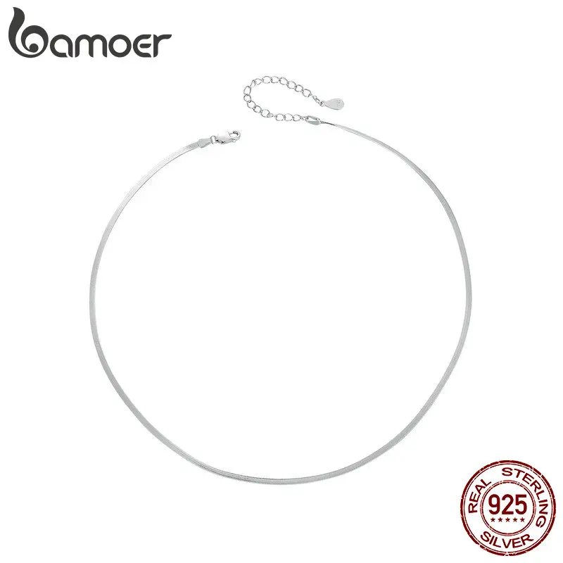 BAMOER White Gold Plated Dainty Choker Necklace for Women Girls, 925 Sterling Silver Snake Chain Necklace Fashion Jewelry for Gi