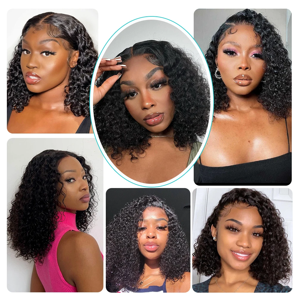 Natürliches schwarzes lockiges Echthaar 8-14 Zoll Kurze Bob Lockenperücken 13x4 HD Transparente Lace Frontal Perücke für Frauen – Detail 3