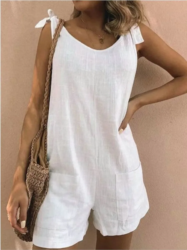 

Summer Jumpsuit Women's Solid Color Cotton Linen Sleeveless Pocket Casual Loose Jumpsuits Holiday Beach Pastoral Sexy Rompers