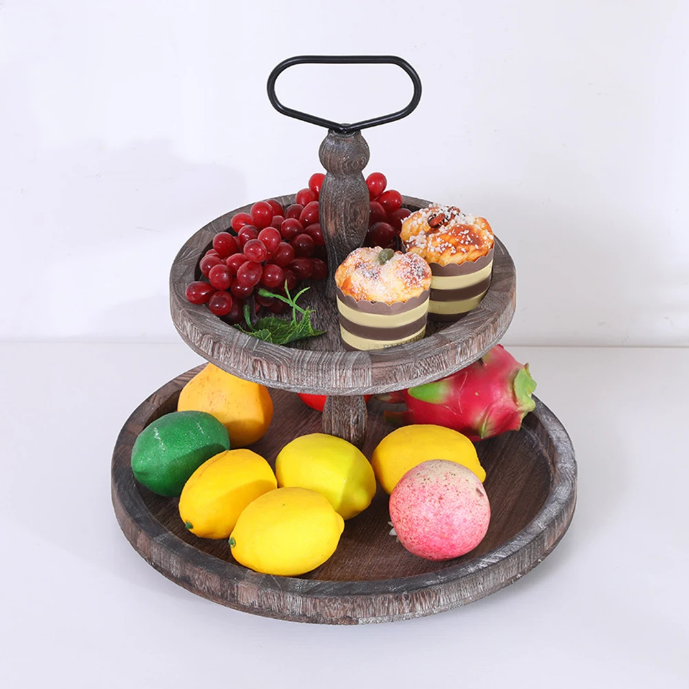 

Wood Two Tier Fruit Plate Tray Easy Clean Decorative Organizer with Metal Handle Multifunction Coffee Tea Dining Room Kitchen