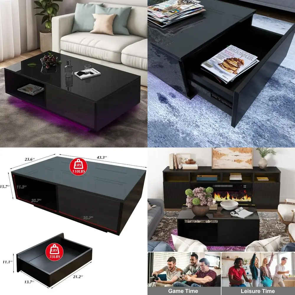 

Черный журнальный столик со светодиодной подсветкой и ящиком для хранения для современной гостиной в 16-цветах