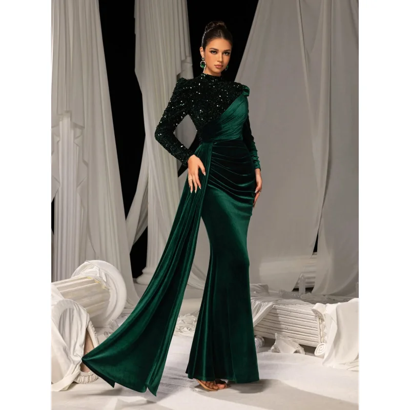 Elegant long green evening gown a classy lady hosting a company's annual party view 6