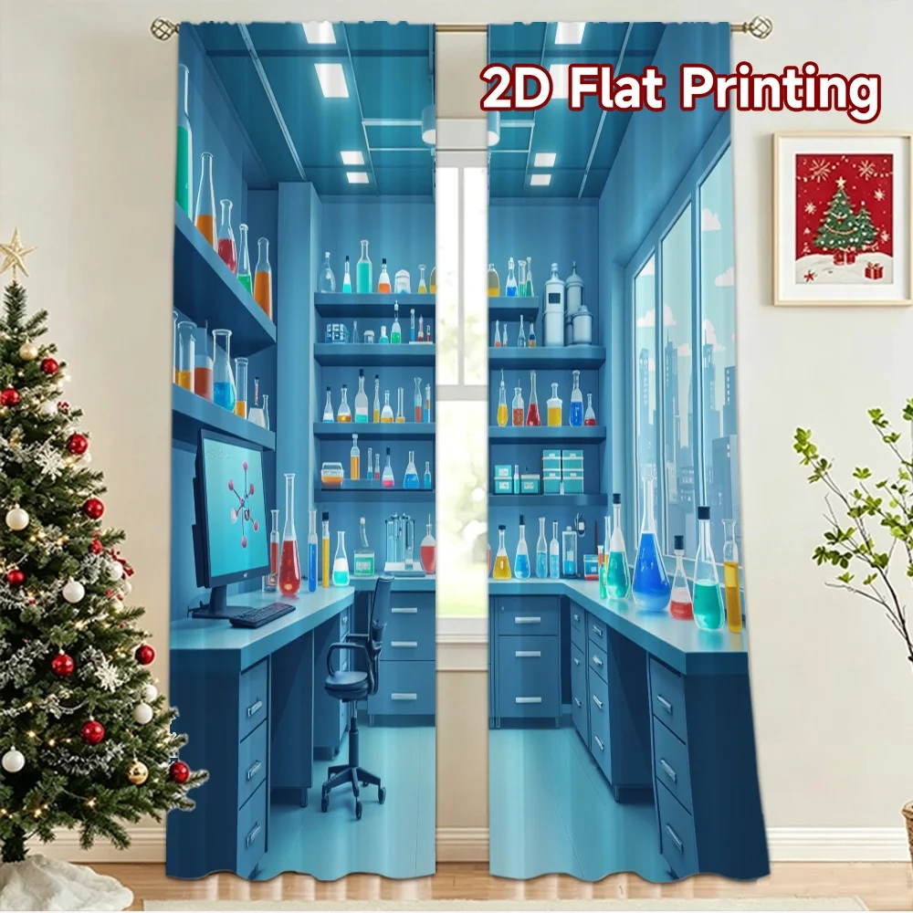 2D flat 2pcs Curtain Vintage drapes and curtains Modern Science Lab Digitally printed polyester, colorfast Birthday Party for