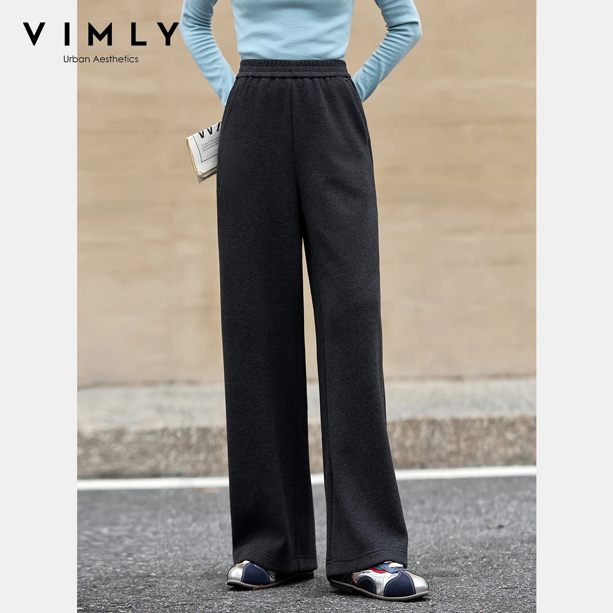 VIMLY femme gris pantalons longs décontracté tricoté jambe large femme pantalon automne 2025 poches élégantes ample Strecth dames pantalon A2538