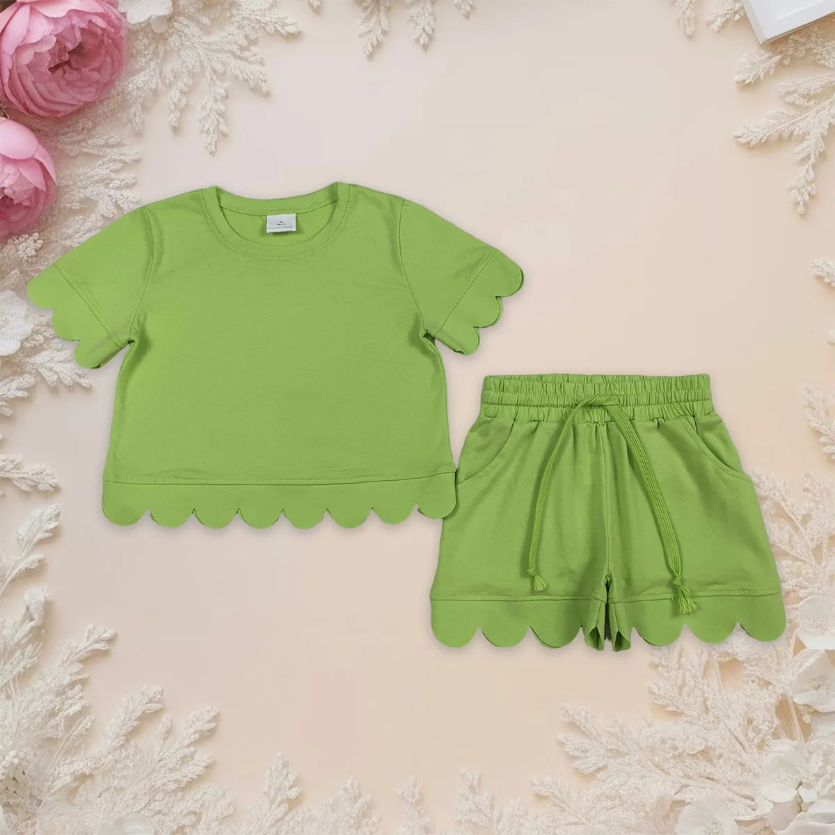 

Toddler Baby Girl Fashion Scallop Green Short Sleeve Top Pockets Shorts Clothes Cute Kids Pajamas Set Children 2Pcs Sets