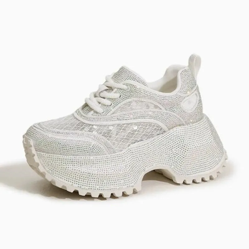 

Fashion 9cm Air Mesh Genuine Leather High Platform Chunky Sneakers Summer Ankle Boots Bling High Brand Comfy Booties Shoes Women